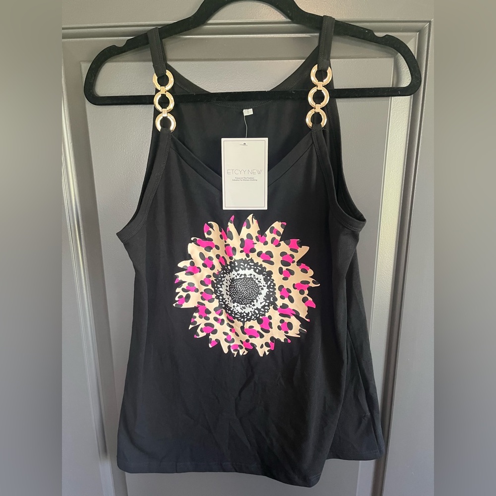 Black Floral Accent Tank with Gold Ring Straps